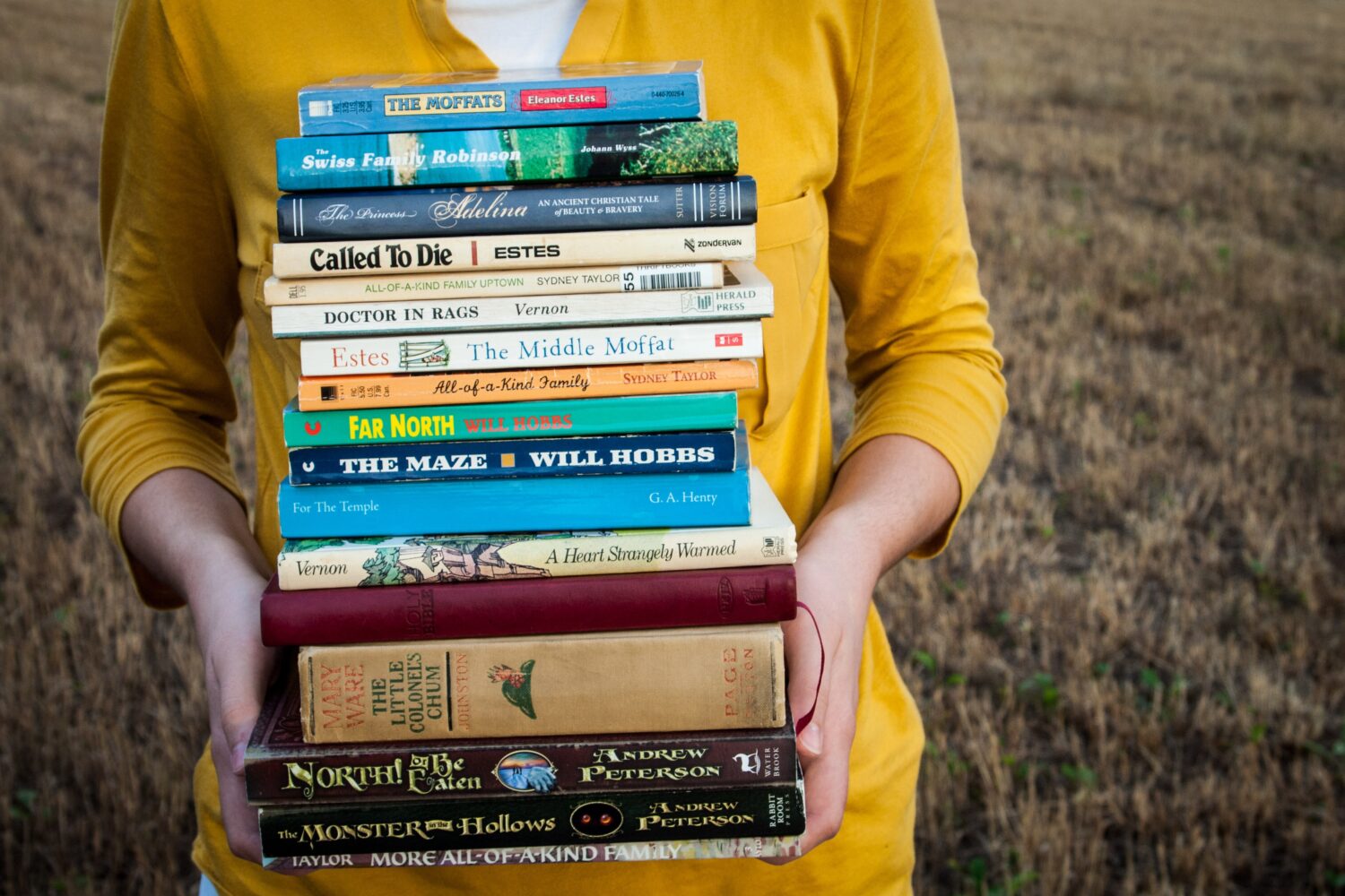 Bücherstapel in den Händen